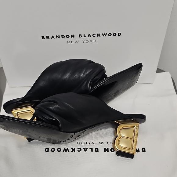 Brandon Blackwood Black Leather Knotted Mule Sandals with Gold B-Heel - Picture 12 of 15